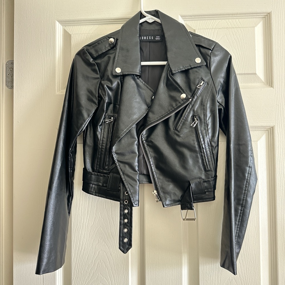 Lioness Black Leather Jacket Asymmetrical Zipper Belted